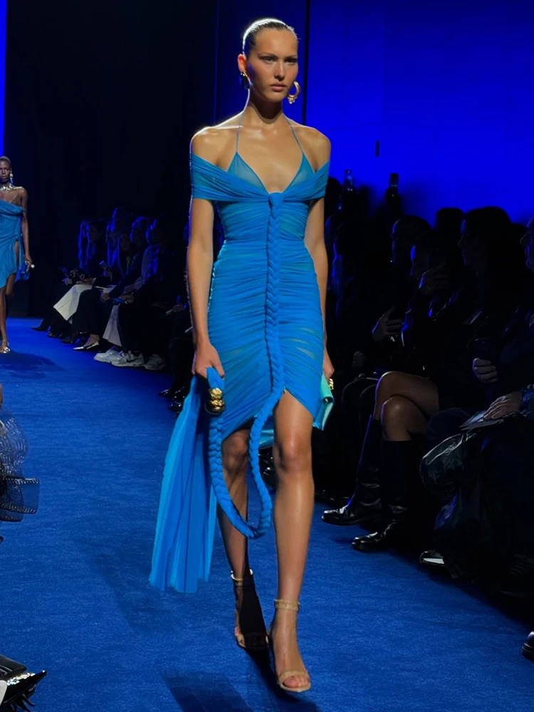 فستان مكشكش شبكي أزرق منسوج مثير - فستان حفلات برقبة رسن مكشوف الأكتاف مع فتحة عالية شفافة للحفلات والنوادي #6