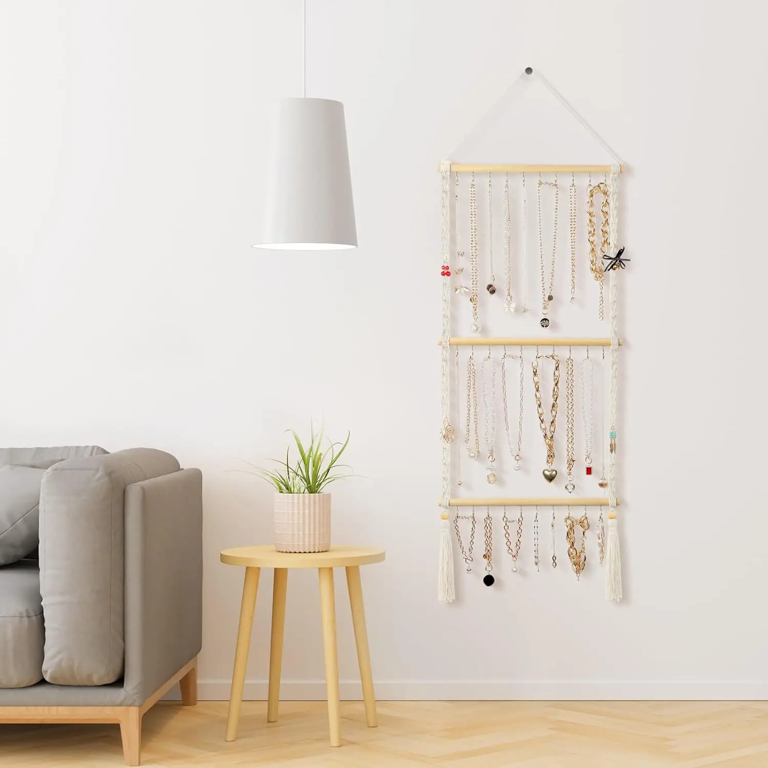 Hanging Jewelry Organizer Boho Macrame Necklace Hanger Wall Hanging with 30 Hooks Door Hanging Jewelry Holder Necklaces Display