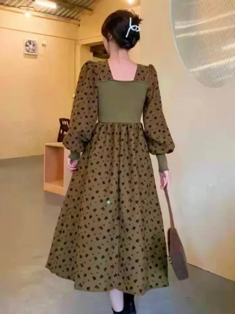 ชุดเดรสไหมพรมลายดอกไม้ คอเหลี่ยม สไตล์เกาหลี สำหรับผู้หญิง ฤดูใบไม้ผลิ ฤดูใบไม้ร่วง แบบ 2 ชิ้นในตัวเดียว