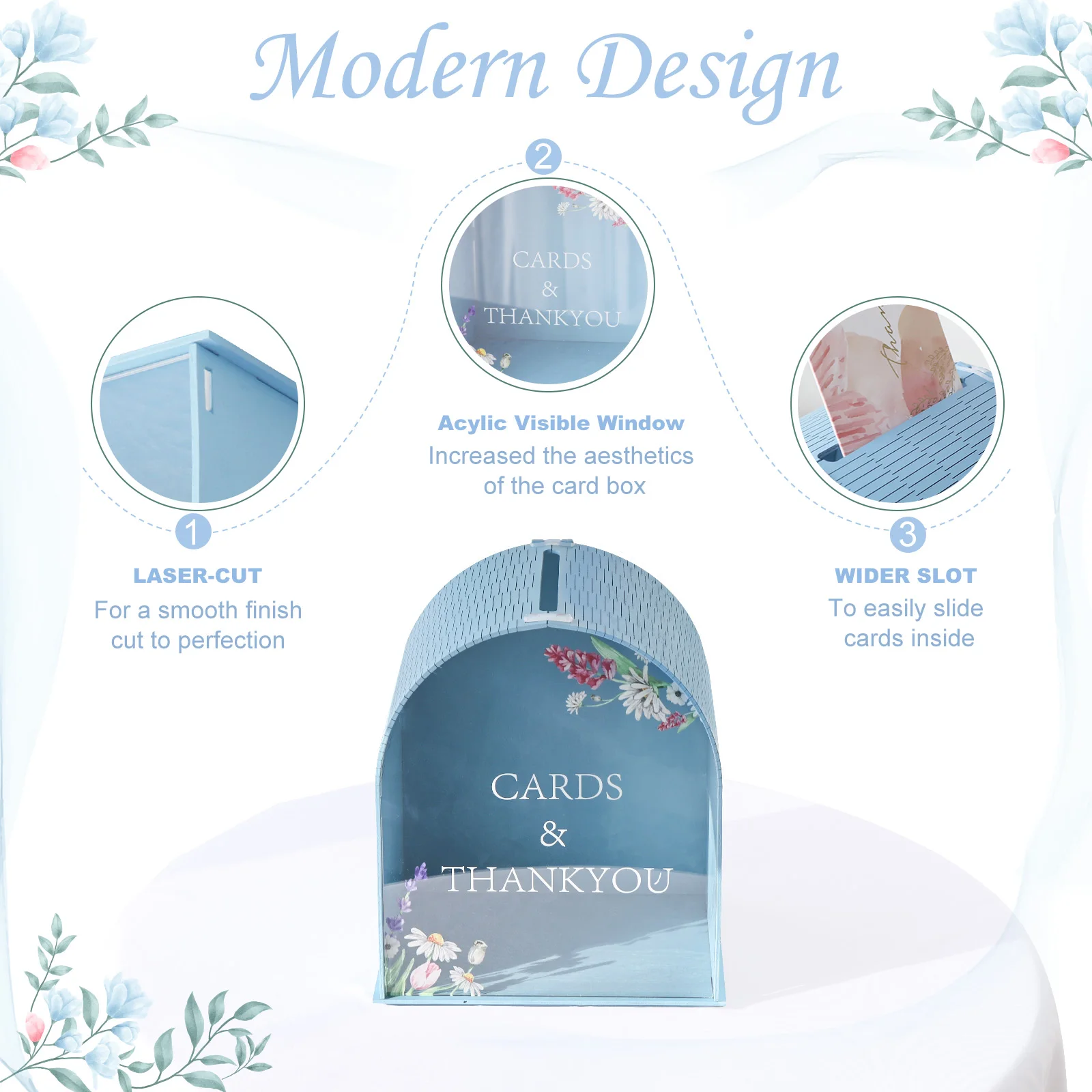 Blue Gift Card Box with Acrylic Window, Boho Wedding Envelope Money Wedding Card Boxes for Birthday Graduation Party Decorations