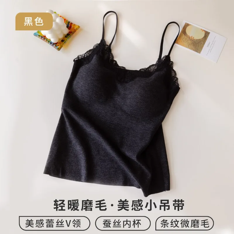 قميص علوي أنيق مزين بالدانتيل، قميص داخلي حراري للنساء مع حمالة صدر مدمجة، بطانة من الصوف الناعم، طبقة أساسية M-L مثيرة