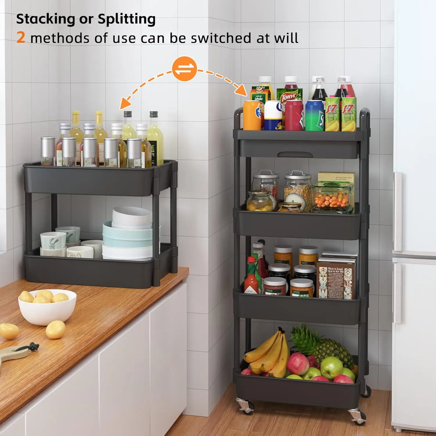 3/4Tier Plastic Rolling Utility Cart Storage Cart Organizer with Wheels Small Laundry Room Cart for Dorm Organization Bathroom K image 2