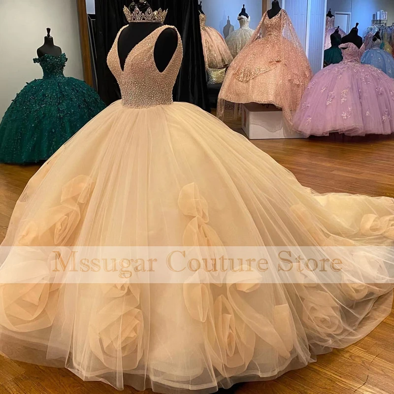 2022 princesa quinceanera vestidos de baile com decote em v flores beadings vestido de festa à noite vestidos 15 anos