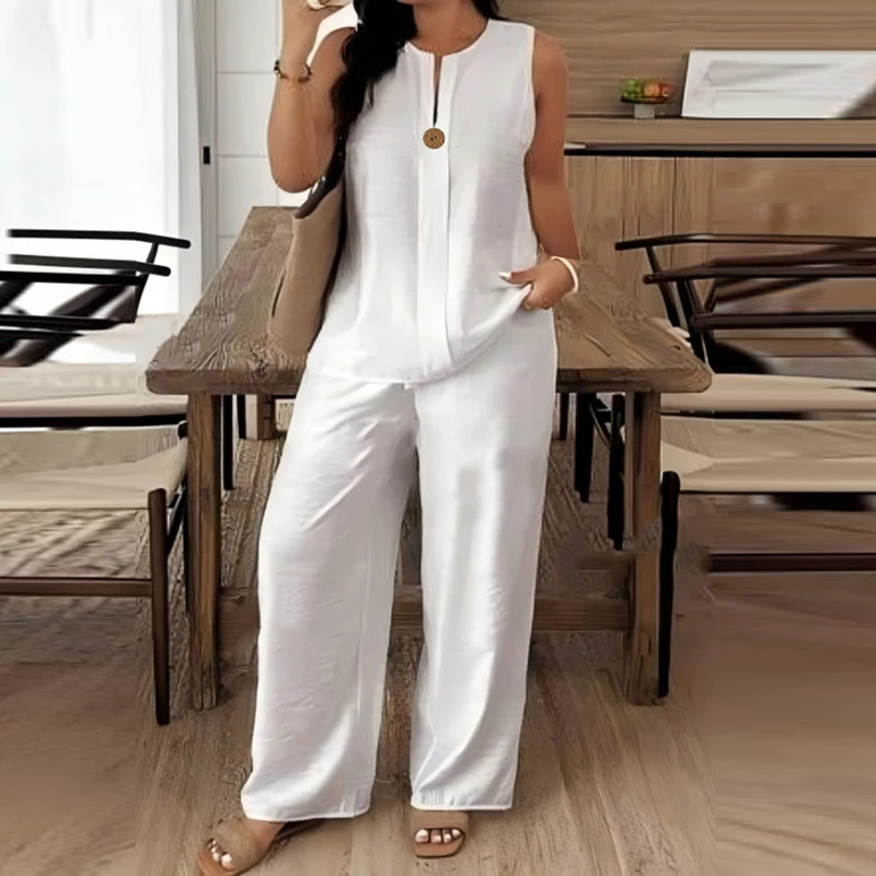 Neues Sommer-Outfit mit O-Ausschnitt Knopfweste Hemd Weite Hose Zweiteiler für Damen Lässiges Zweiteiliges Set Einfarbig Bequeme Urlaubsoutfits Weiß