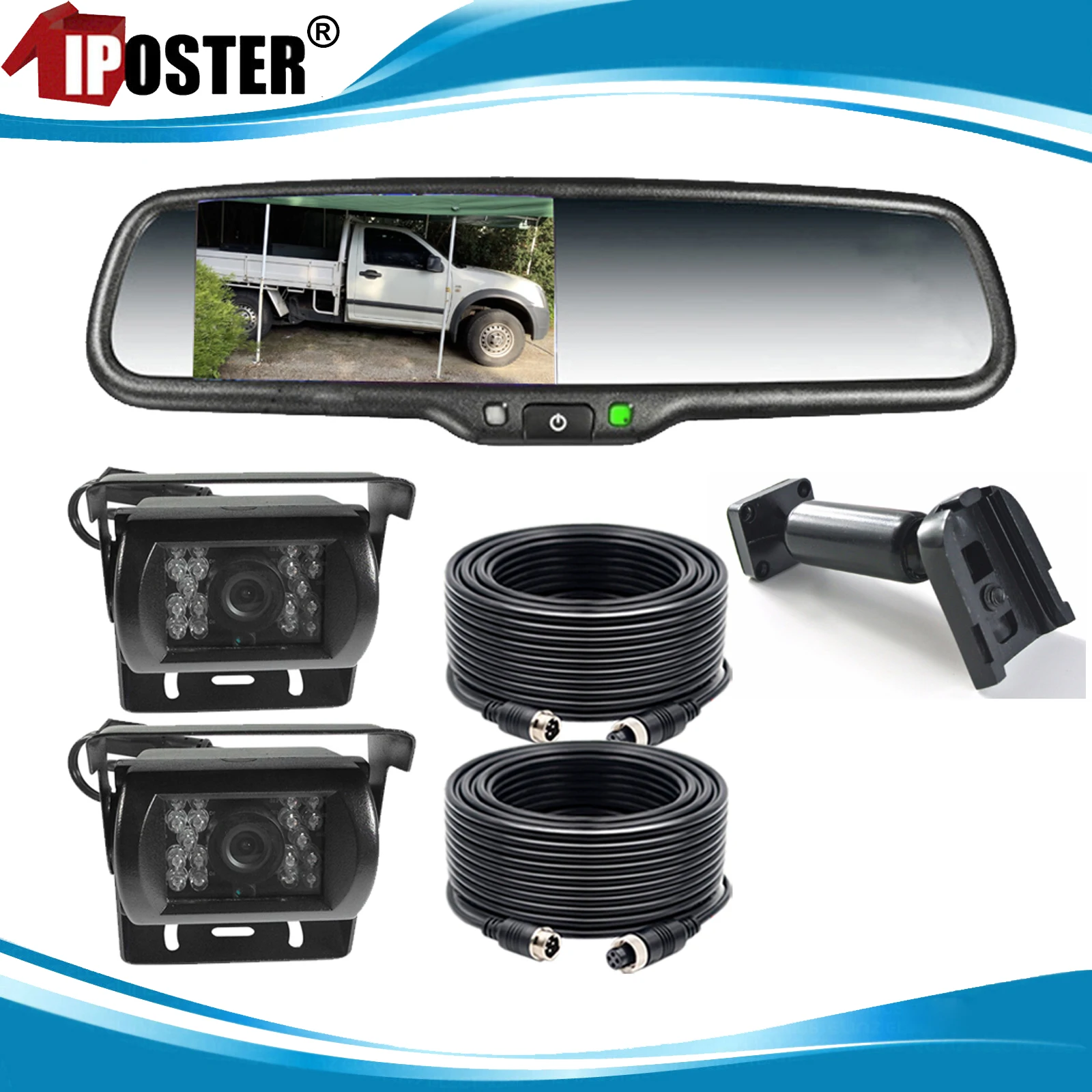 

iPoster 4.3"Car Rear View Mirror Monitor No1 Mount+2x 4PIN Rear View Cameras 2x 10m Cables Kit 12-24v For Truck Toyota Ford Jeep