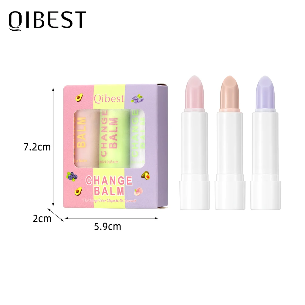 QIBEST 3pcs Color Changing Lip Balm Kits Moisturizing Colorless Pink Orang Tinted Lipstick Lasting Lip Stain Nourishing Lip Care