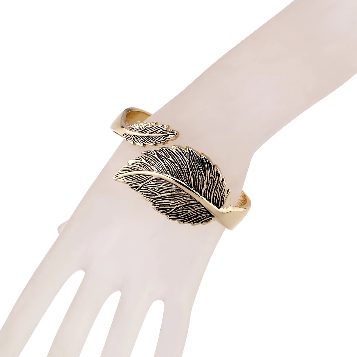 New Vintage Statement Leaf Bangle Open Cuff Bracelet Antique Gold Plating Asymmetric Personalized Chunky Hands Jewelry