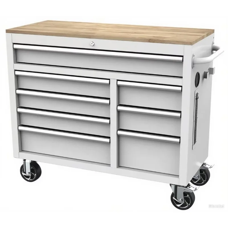 

Heavy duty 42-inch 8-drawer mobile rolling tool cabinet, solid wood top white
