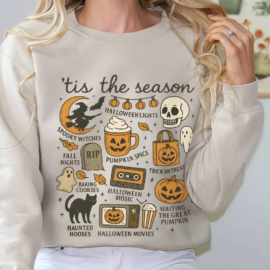 

Unisex Sweatshirt Long Sleeves Casual Hoodies Stylish Pullover Multiple Colors Versatile Tis The Season Halloween Autumn