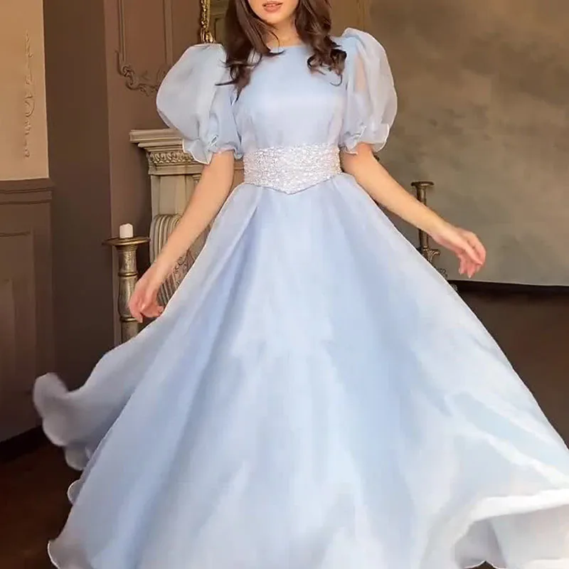 

Женское модное платье с круглым вырезом и завышенной талией, элегантное, однотонное, для вечеринок, лето 2026, повседневное, с пышными рукавами, в стиле принцессы