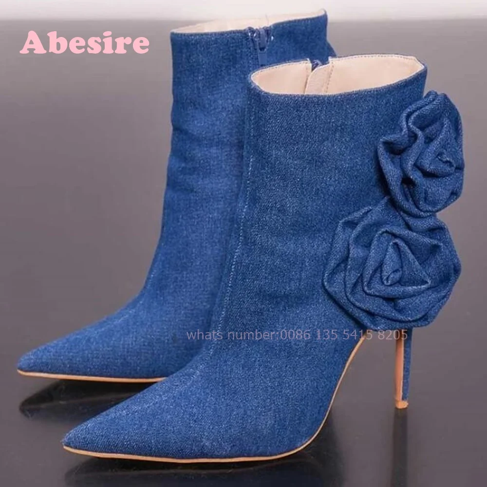 

Blue Pointed Toe Stiletto Heel Booties Stylish Floral Denim Boots Side Zipper Solid Patchwork Women's Ankle Boots Winter Luxury