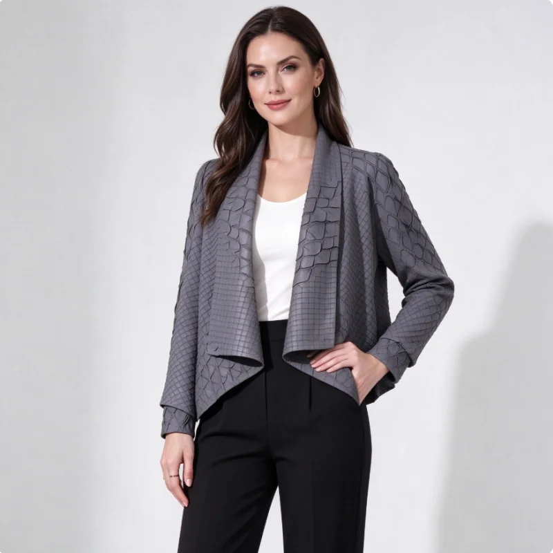 Miyake Pleated Women Gray Scaled Texture Cardigan, Shawl Collar Asymmetric Jacket, Long Sleeve Short Outerwear