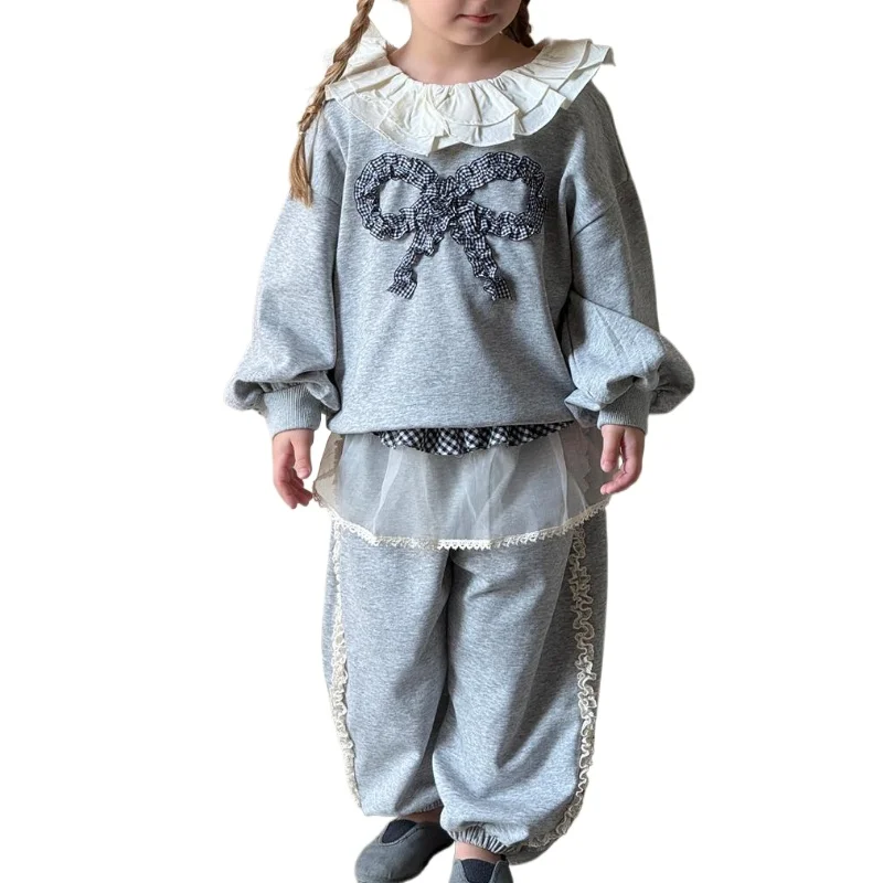 

2025 Spring New Children Girls Lapel Bow Sweater Sweatpants Two-piece Set Kids Toddler Princess Clothing Set