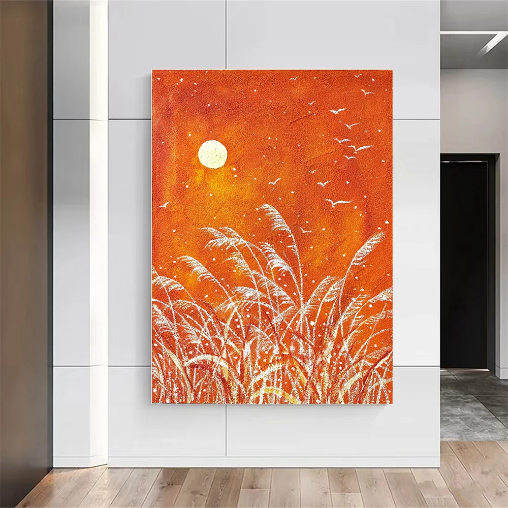 

Hand-Painted Moon Night Reed Starry Sky Decoration Painting Ins Wind Entrance Living Room Handmade Canvas Mural