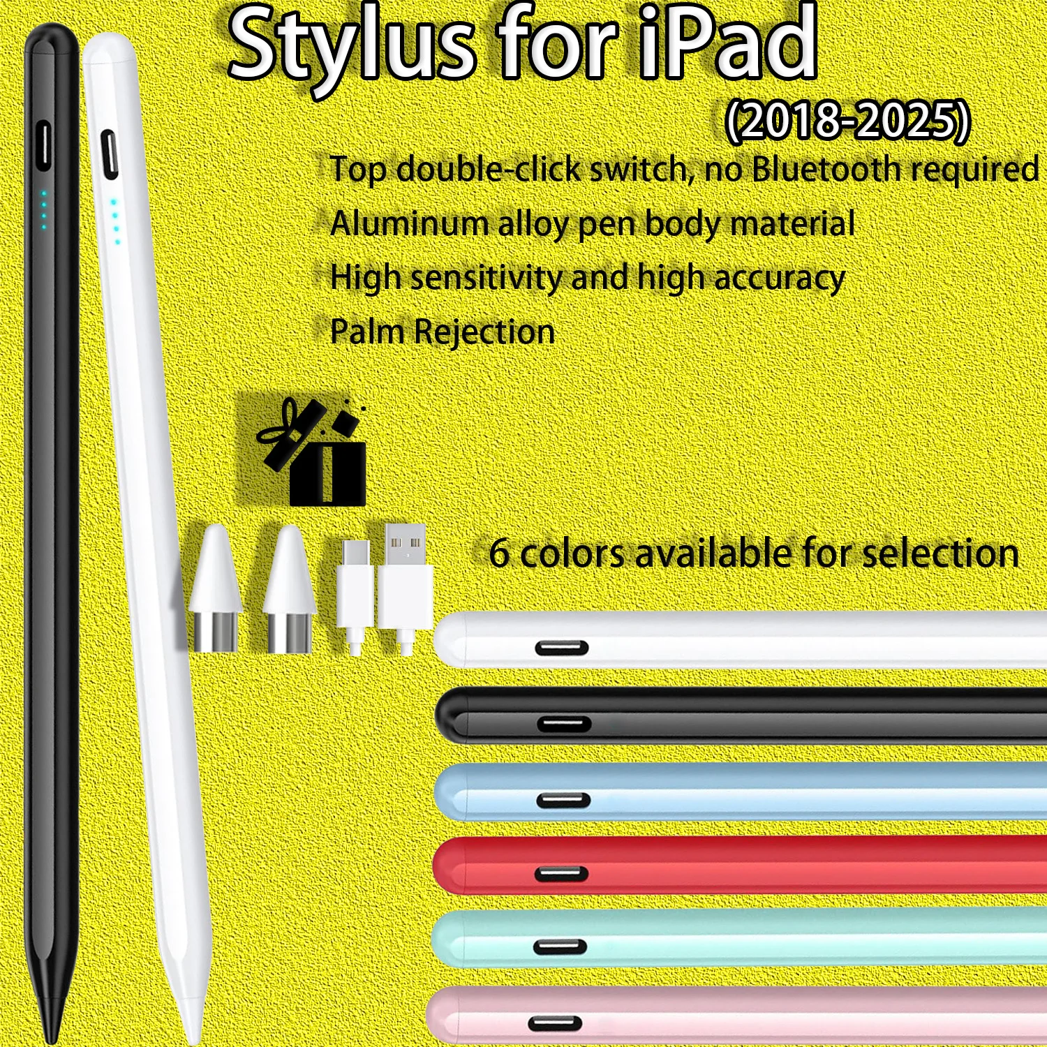 iPad Stylus 2018-2026, Palm Rejection, Tilt Sensitivity, Long Battery, 2 Replacement Nibs