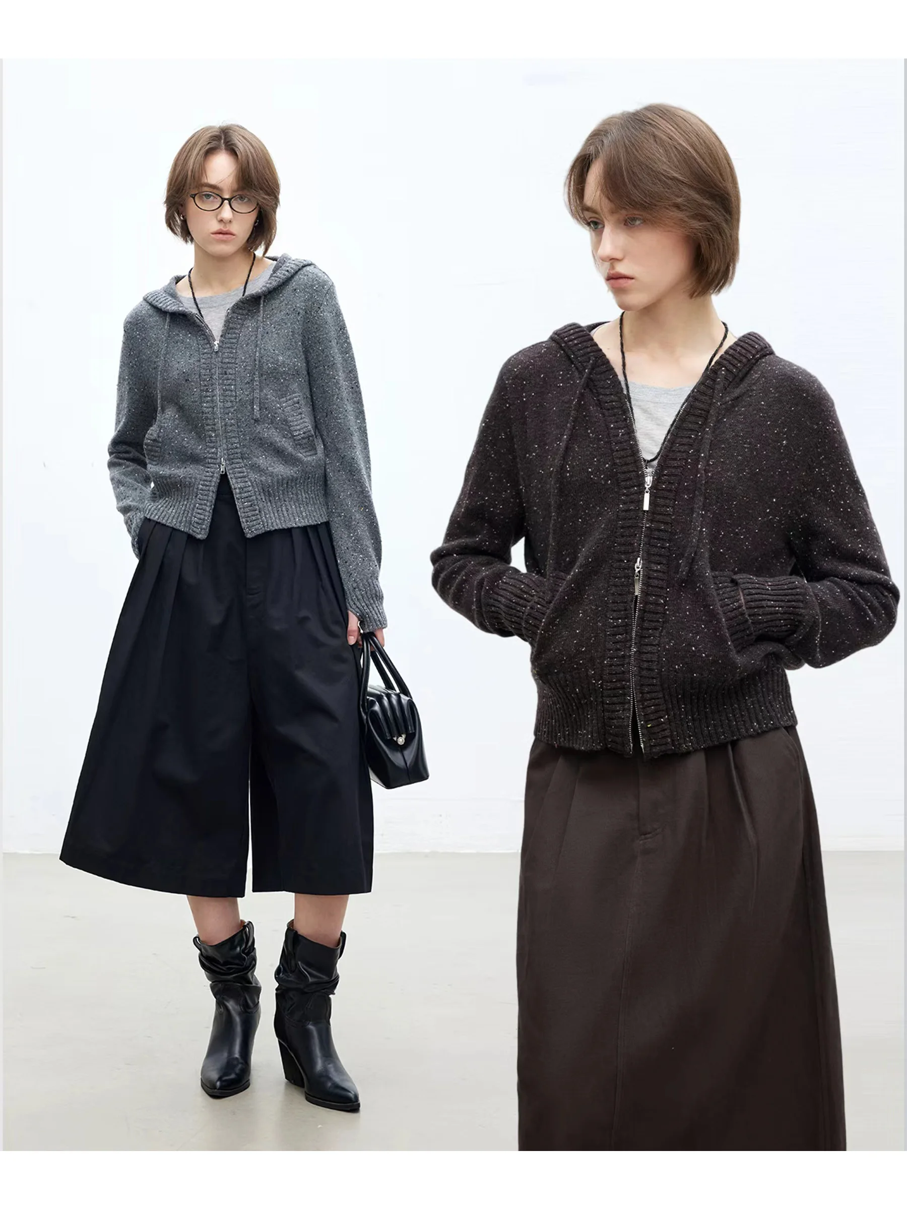 

DotDrobe Women's Wool Blend Knitted Cardigan with Flower Pattern Double Zipper Hooded ort Sle Casual Loose Fit Long Sve