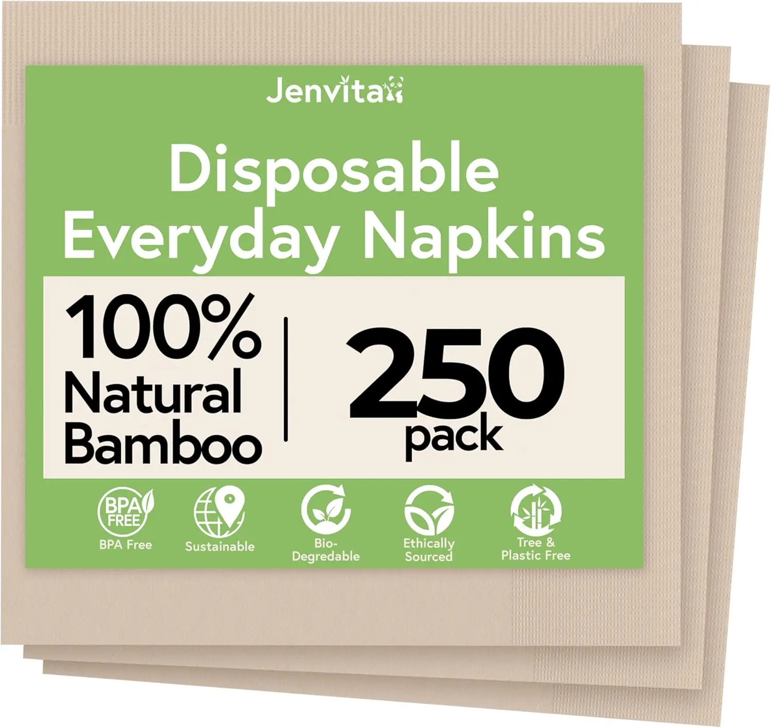 

100% Bamboo Compostable Disposable Napkins 250-Pack, 2-Ply FSC Certified for Lunch Dinner Events, 6.5x6.5 Inch