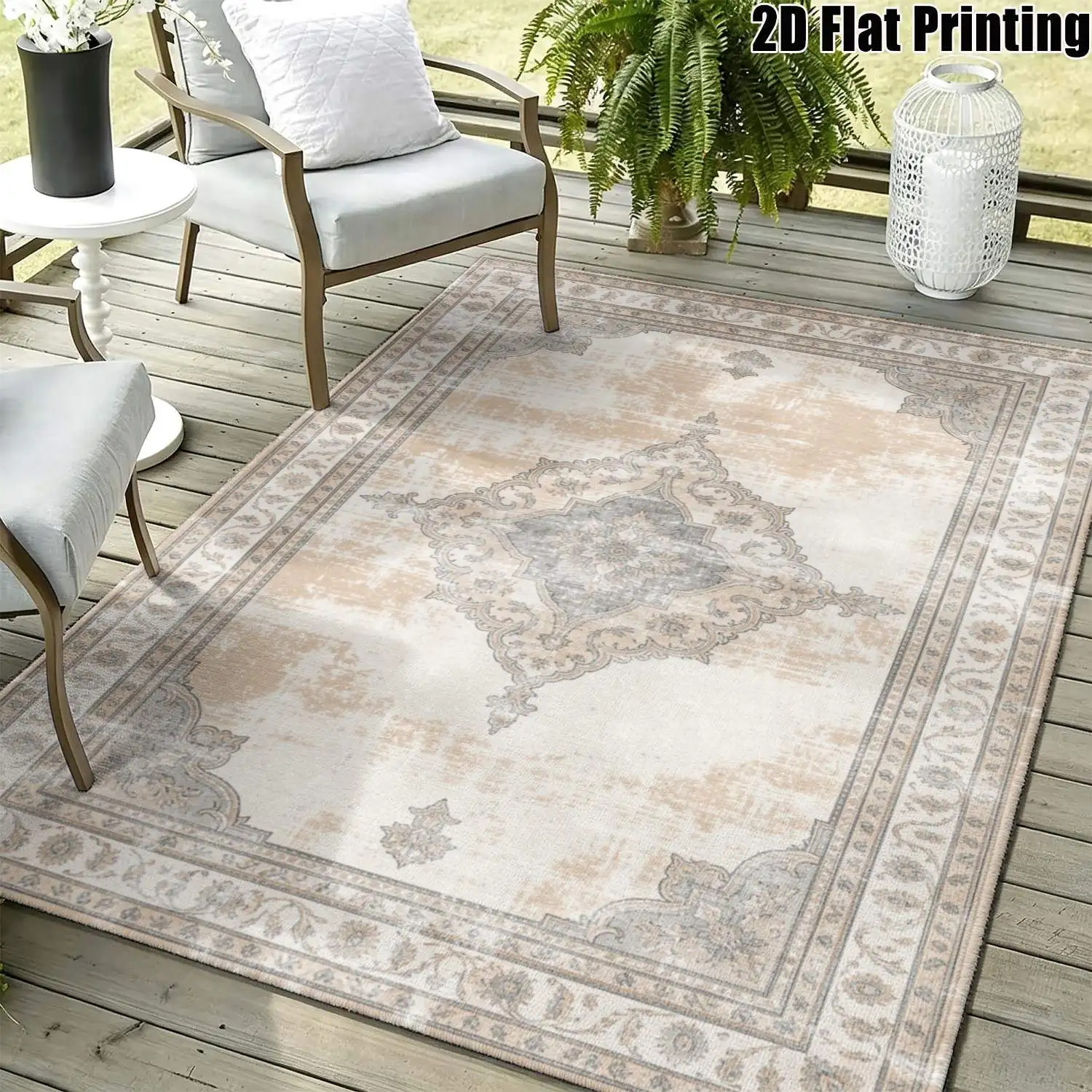 1Pc 2D Printed Retro Geometric Carpet, Beige-White-Blue-Grey, European Style, Machine Washable, Multi-Size, for Entrance, Living Room, Bedroom, Dining Room & Foyer, Home Decor