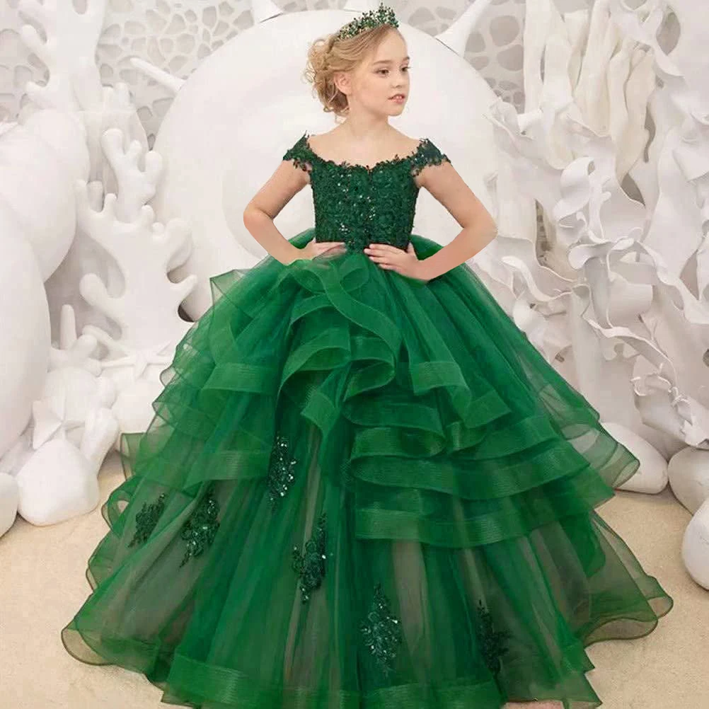 

Green Layered Fluffy Tulle Beaded Flower Girl Dress Wedding Elegant Little Flower Child's First Eucharistic Celebration Dress