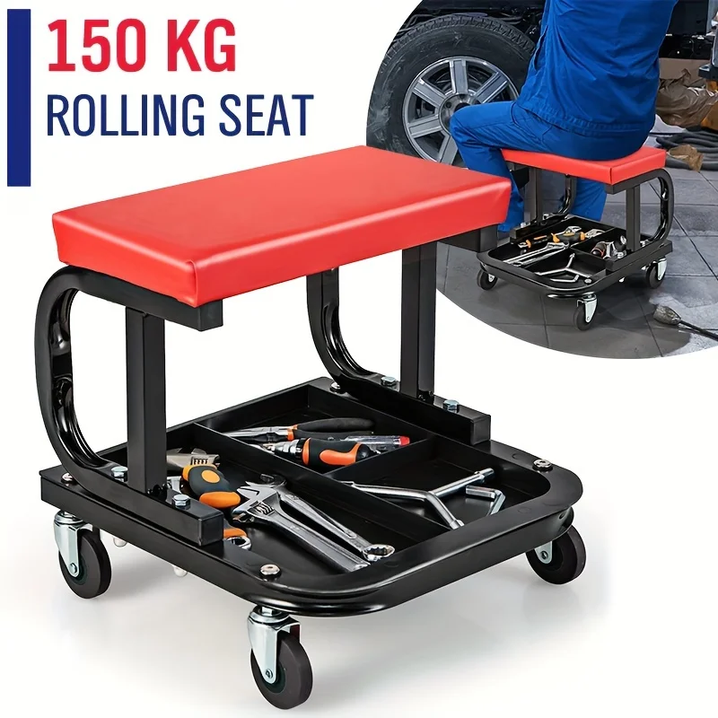 Red Rolling Creeper Garage/Shop Seat: Padded Mechanic Stool 360° Swivel Casters, 4-Wheels Workshop Stool - With Tool Tray