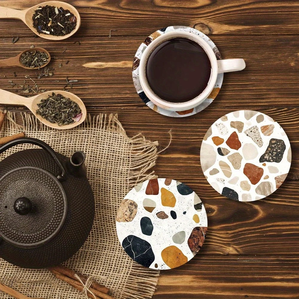 6 Pieces 2D Wooden Coasters Printed Stone Pattern Theme Desktop Insulation Mats Home Decor Coffee Cup Coasters Office - view 3