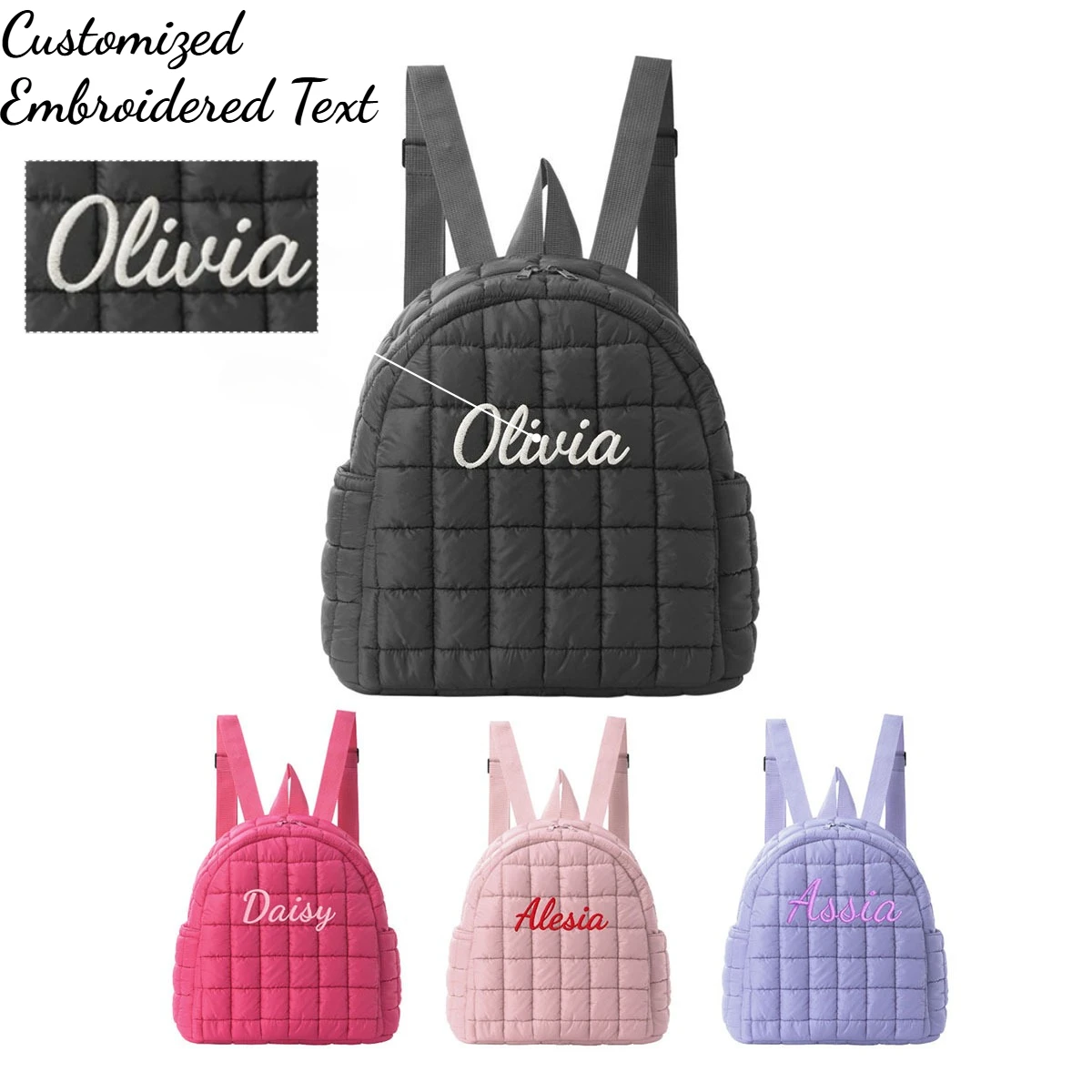 Custom Quilted Backpack Women Lightweight Padded School Bag Personalized Embroidered Name Travel Daypack Girls Mini Rucksack