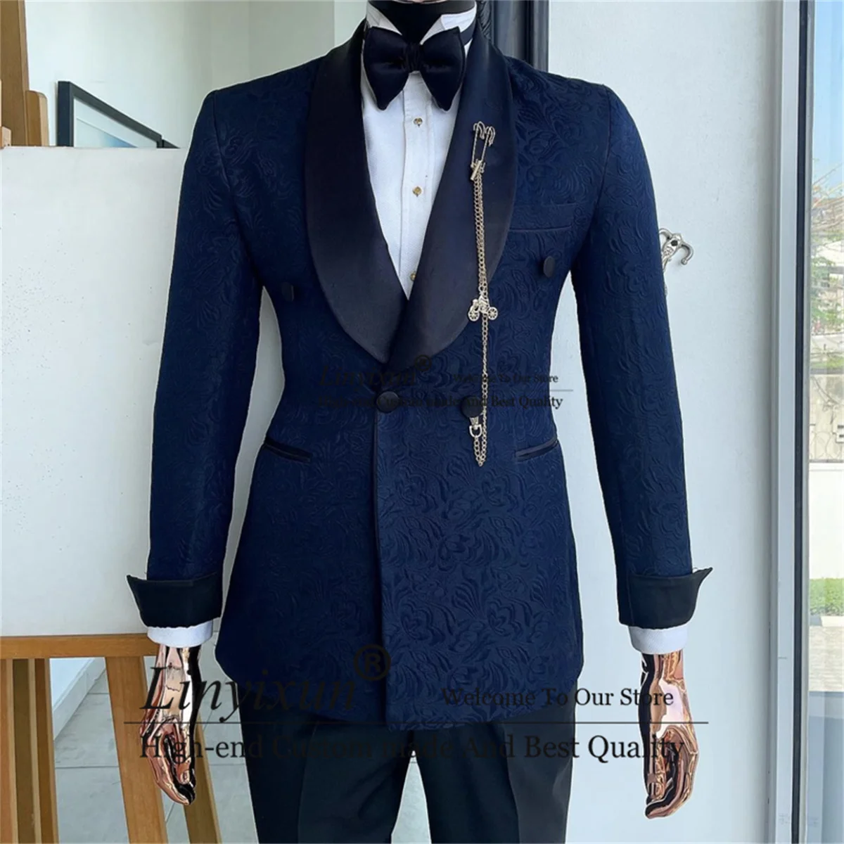 

Navy Blue Jacquard Men Suits Double Breasted Groom Tuxedos for Wedding 2 Pieces Jacket Pants Sets Groomsmen Prom Blazers Ternos