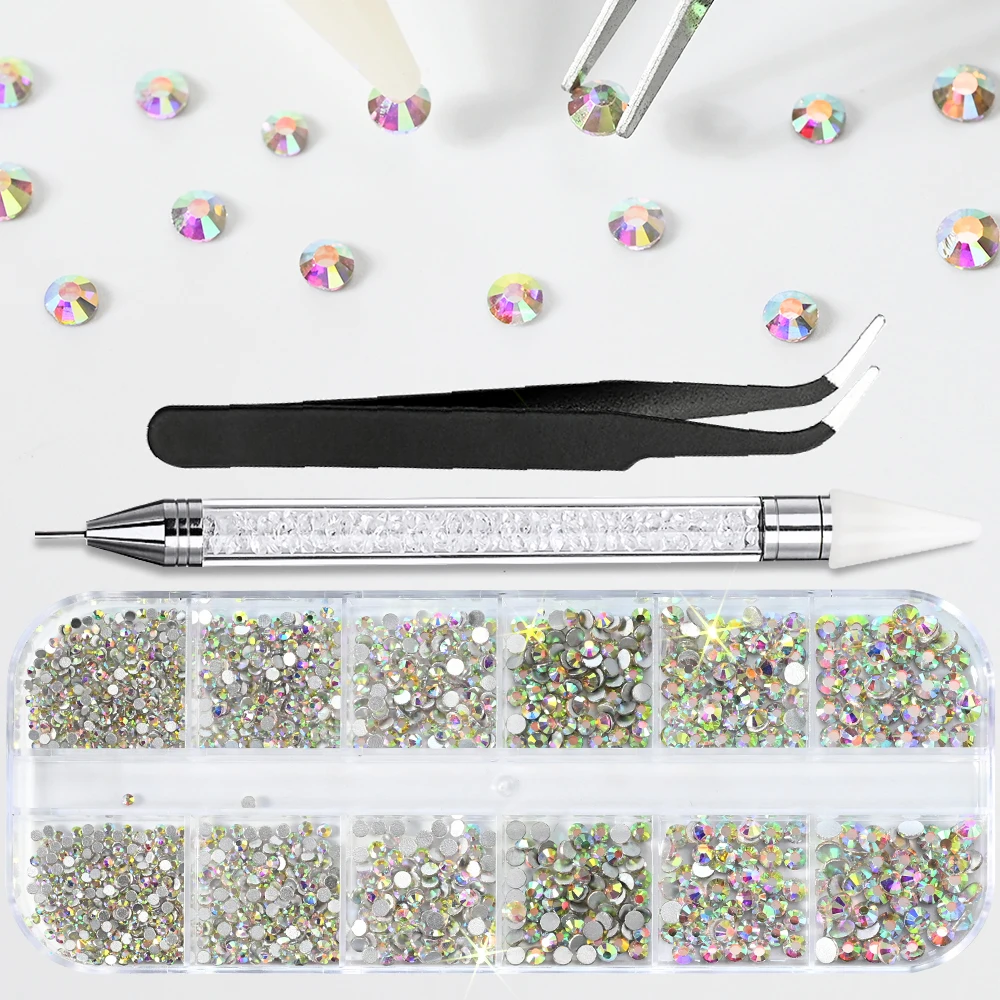 12Grids 3D Colorful Mixed Shape Flatback Nail Rhinestones Luxury Pink/Lake Blue/Green/Clear/AB Nail Crystal DIY Manicure Diamond