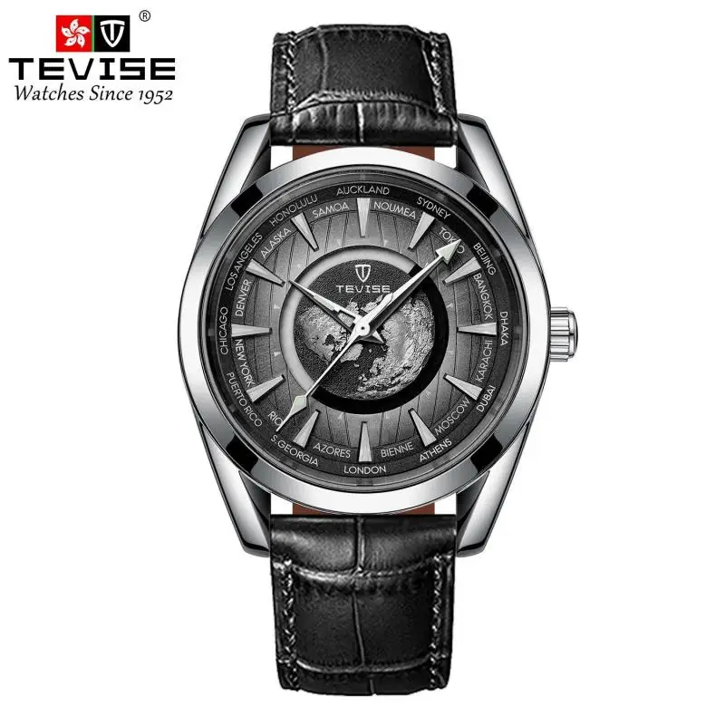 TEVISE Men Luxury Automatic Mechanical Watch Stainless Steel Earth Luminous Pointer Waterproof Sports Leather Watch