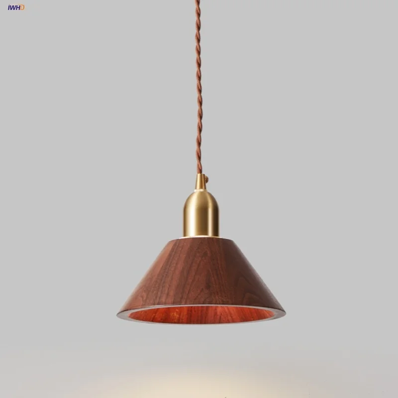 

IWHD Home Decor LED Pendant Light Fixture Dining Room Bar Porch Nordic Modern Copper Socket Walnut Wood Hang Lamp Lampu Gantung