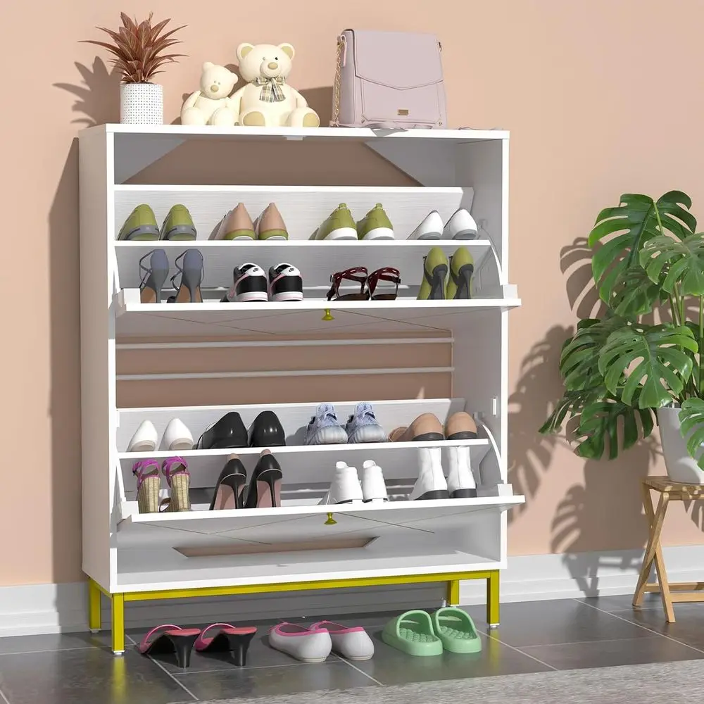 خزانة أحذية بيضاء قائمة بذاتها مكونة من 4 طبقات مع درجين، ودعم ساق معدنية لتخزين البهو والممر