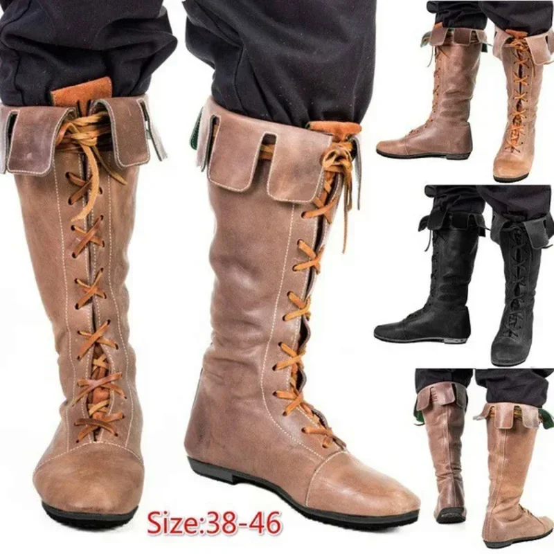 Botas de caballero medievales para hombre, zapatos Vintage con cordones, Cosplay de pirata de la Edad Media, disfraz de arquero de Halloween para mujer, fantasía americana G4865