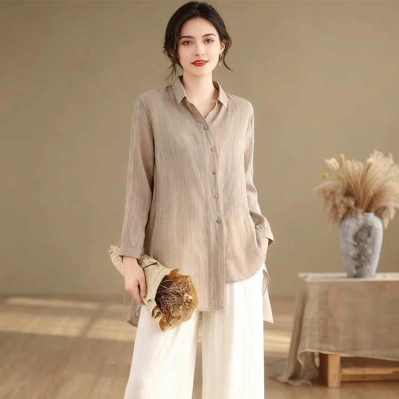 【เสื้อโอเวอร์ไซส์】(40-150 กก.) เสื้อผู้หญิงฤดูร้อน ผ้าฝ้ายลินิน ไซส์ใหญ่ แขนยาว คอปกเรียบ เสื้อแฟชั่นสไตล์พื้นฐาน
