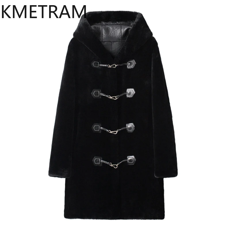 내추럴 메리노 울 양털 양면 퍼 재킷 여성 중간 길이 리얼 퍼 코트 후드 겨울옷 2025 퍼리 재킷