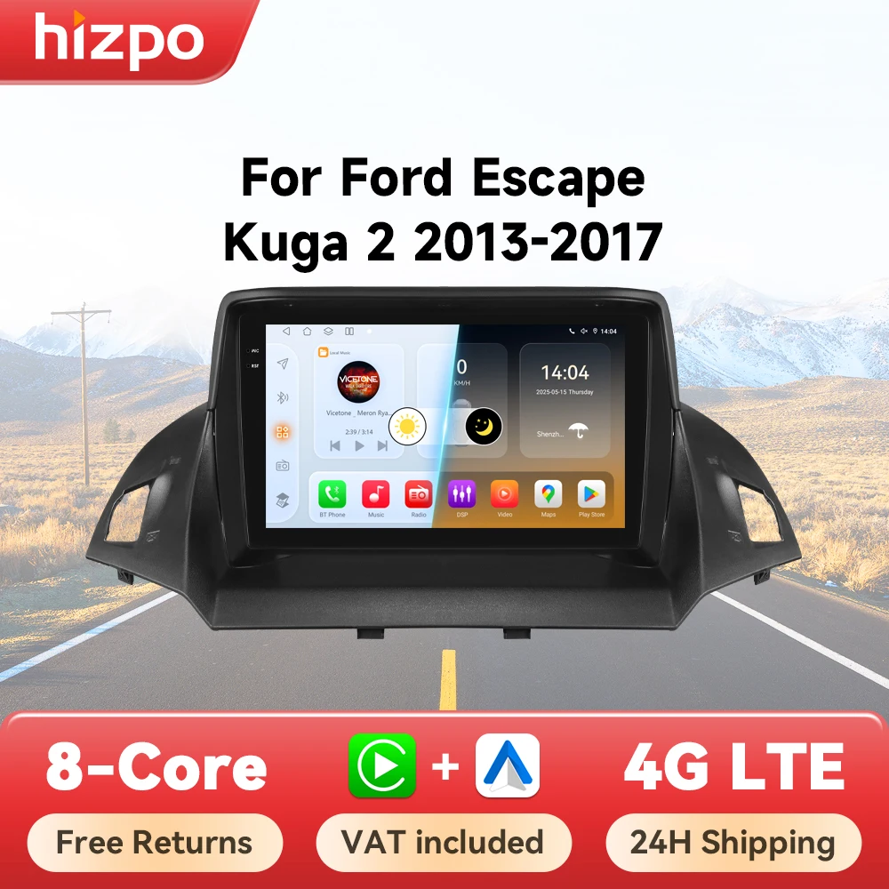 Hizpo 2-DIN Android 14 Autoradio für Ford Escape Kuga 2 2013 - 2019 Carplay 4G Auto-Multimedia-GPS 2-DIN Autoradio 360 Kamera RDS
