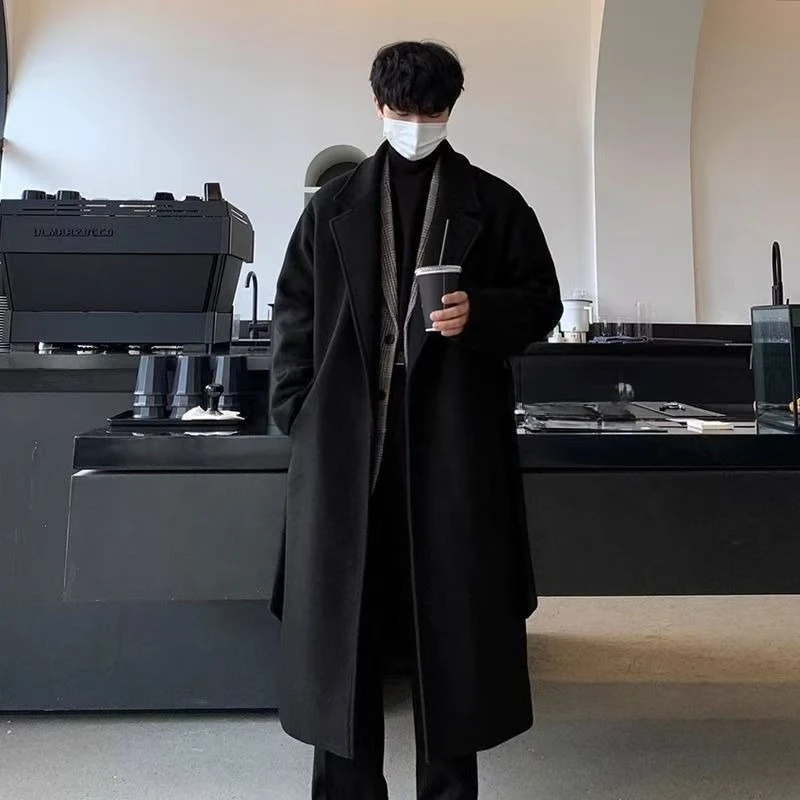 

Unisex Winter Woolen Trench Coat Black Longline Loose Fitting High Quality Thermal Outerwear​