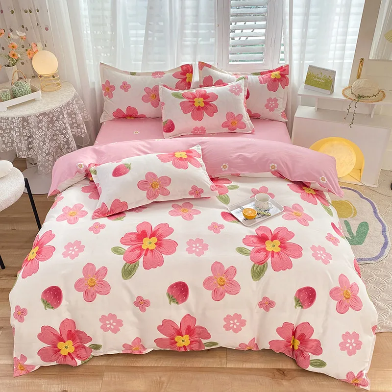 

3pcs set Summer Fresh Flower Patterns Bed Sheets Quilt Covers pillowcaseThickened Pure Cotton Matte Bedding