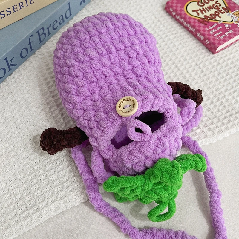 Purple Bag For Lady Cute Cartoon Shoulder Crossbody Bag Fashion Knitted Handbag Young Girl Eggplant Crochet Mobile Phone Bag
