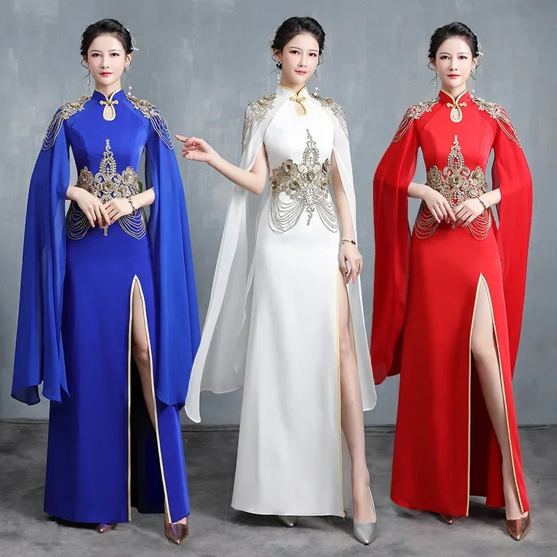 

Female Bridal Wedding Cheongsam Satin Floral Qipao Mandarin Collar Vintage Banquet Party Dress Gown Sexy Large Size Vestidos