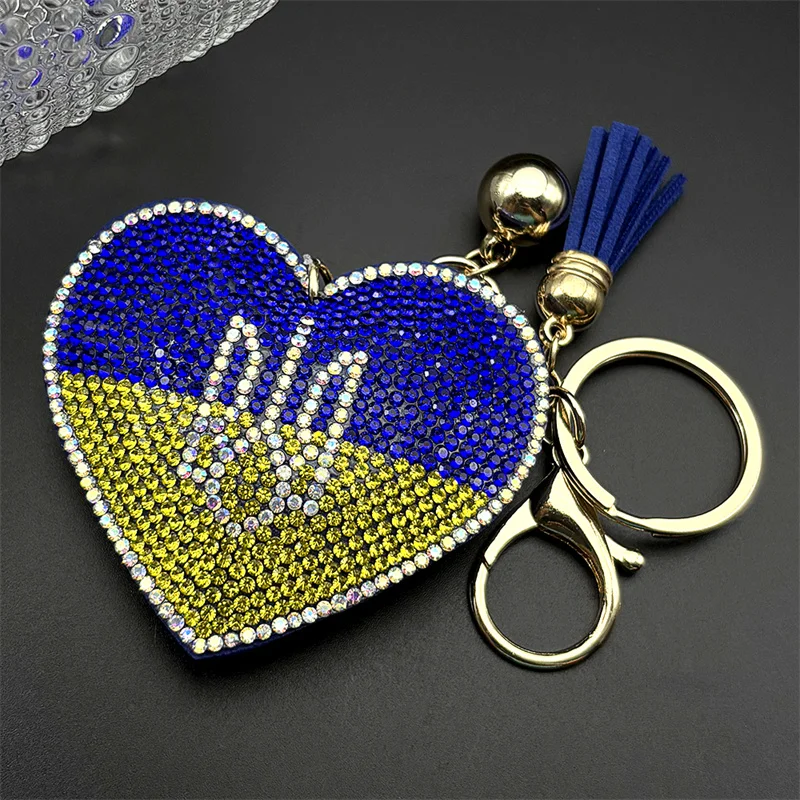 Ukraine National Emblem Flag Heart Shaped Pendant Key Chain for Women Men Gold Color Stainless Steel Trident Ukrainian Jewlery