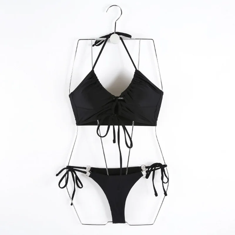 Maillot de bain deux pièces noir, sexy, string, col licou, bikini, pour femmes, vêtements de plage, coréen, piscine, nouvelle collection, 2024