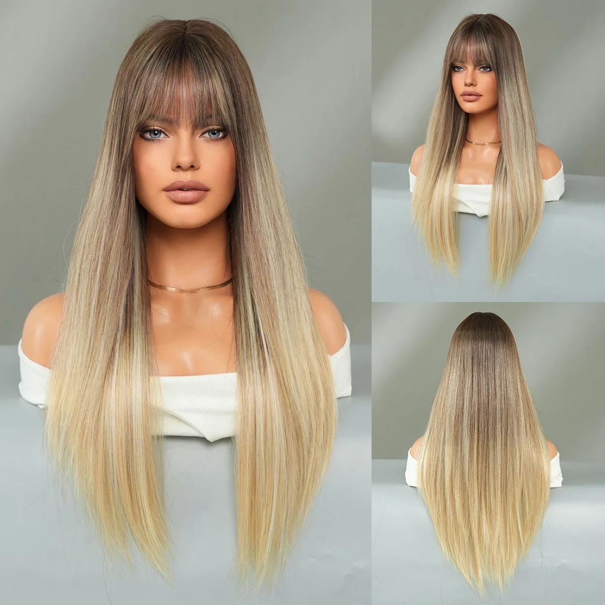 

wig long straight hair Qi bangs high quality high silk chemical fiber straight hair full head cover