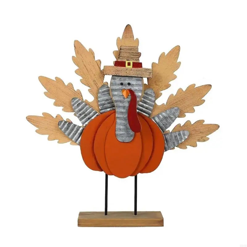 Thanksgiving Wooden Turkey Decoration,Standing Turkey Pumpkin Decors Harvest Decors with Multi-Piece Pumpkin, Fall B03E