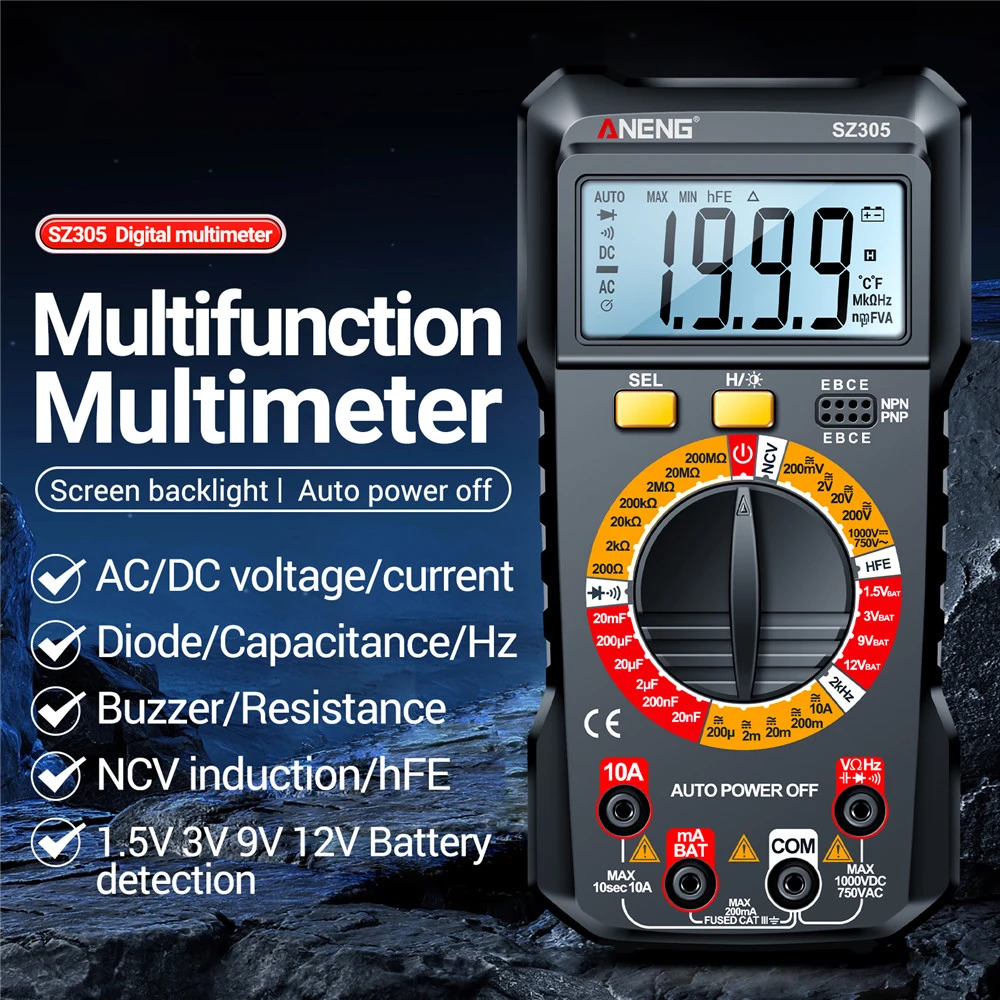 SZ304 SZ305 Digital Multimeter AC/DC Voltmeter Ammeter Non-contact Voltage Detector Electric Current Tester Hz Diode Capacitor