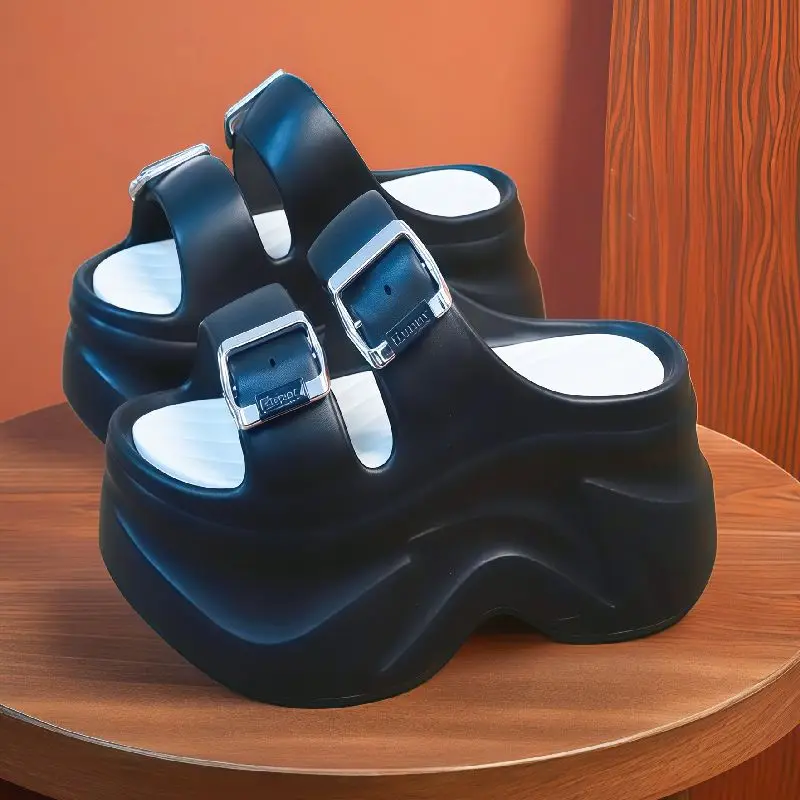 9cm Platform Wedge Slides Sandals Women Super High Elevator Heels Woman Trendy Chunky Slipper Buckle Straps Sandal Lengthen Legs image 3