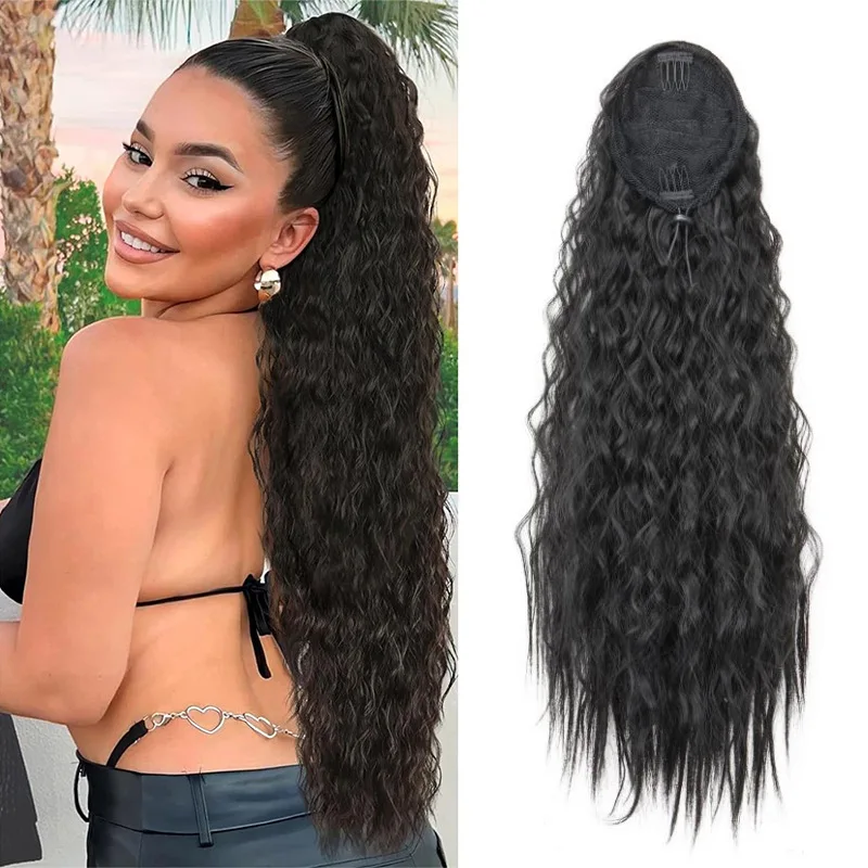 22 Inch Kinky Curly Synthetic Drawstring Ponytail Hair Extension For Women Long Curly Ponytail Hairpiece for Daily Party Wear