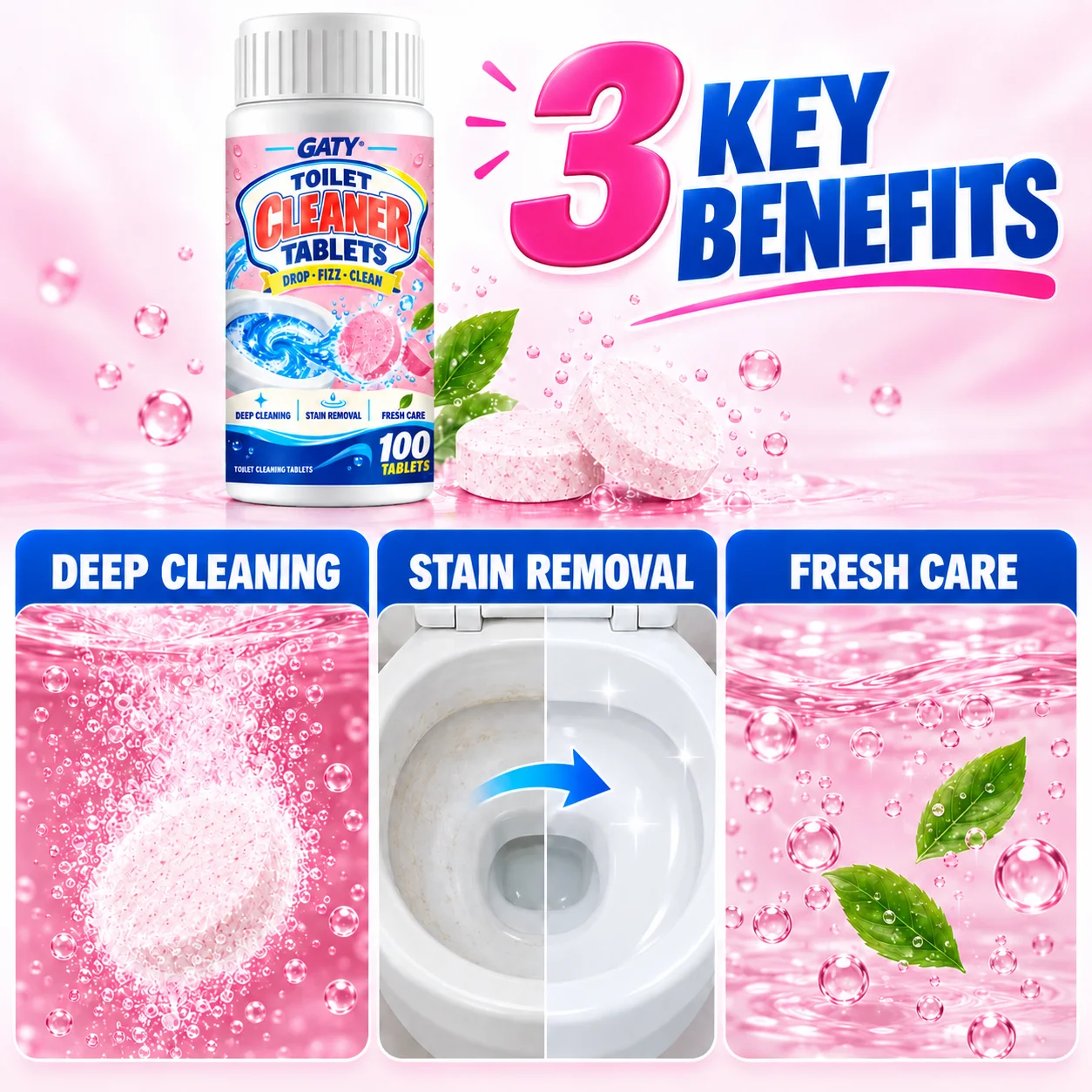Toilettenreiniger in Form von Brausetabletten – sofort wirksam; löst Urinflecken und Kalkablagerungen; reinigt und neutralisiert Gerüche; für Toilettenbecken, Rand und Abfluss. – Detail 7