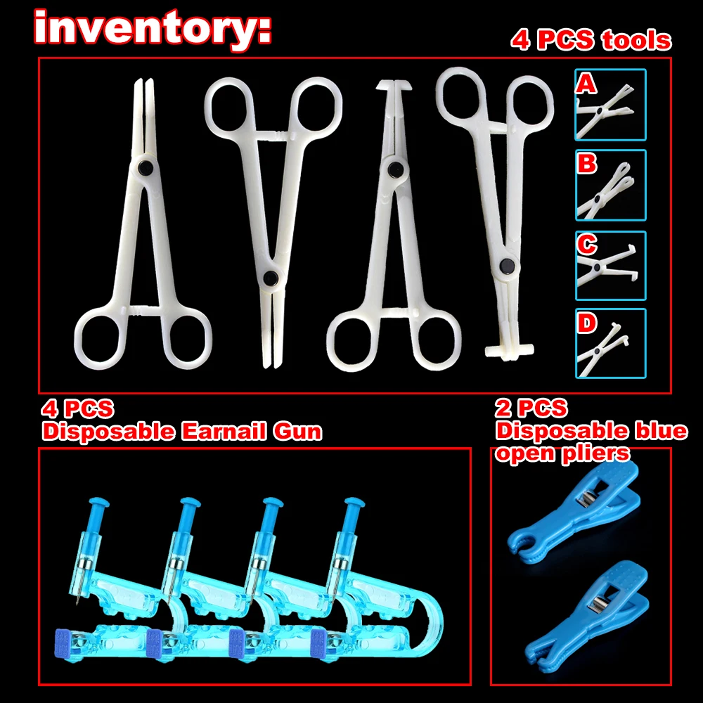 

Disposable puncture tool set consisting of 4 puncture forceps, 4 ear piercing guns, and 2 small opening forceps
