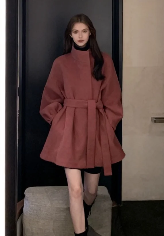 

Wool Blend Coats Womens Woolen Coat Handmade Fall Brocade Embossing Notched Collar Buttoned Adjustable Sashes Raglan Sleeve Chic