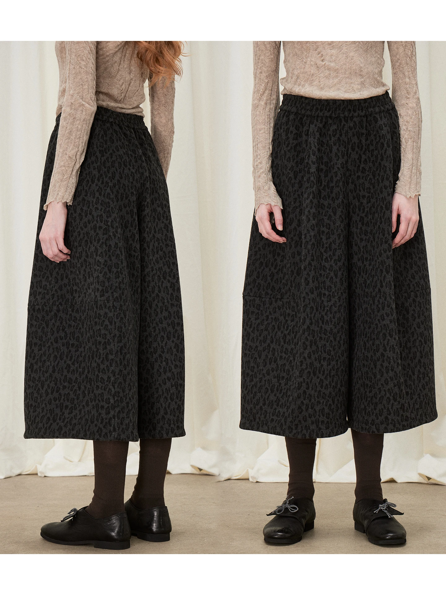 

Retro Leopard Print Wide Leg Pants Bla Fce Elastic Waist Thi Autumn Winter Cotton Casual Trousers for Women